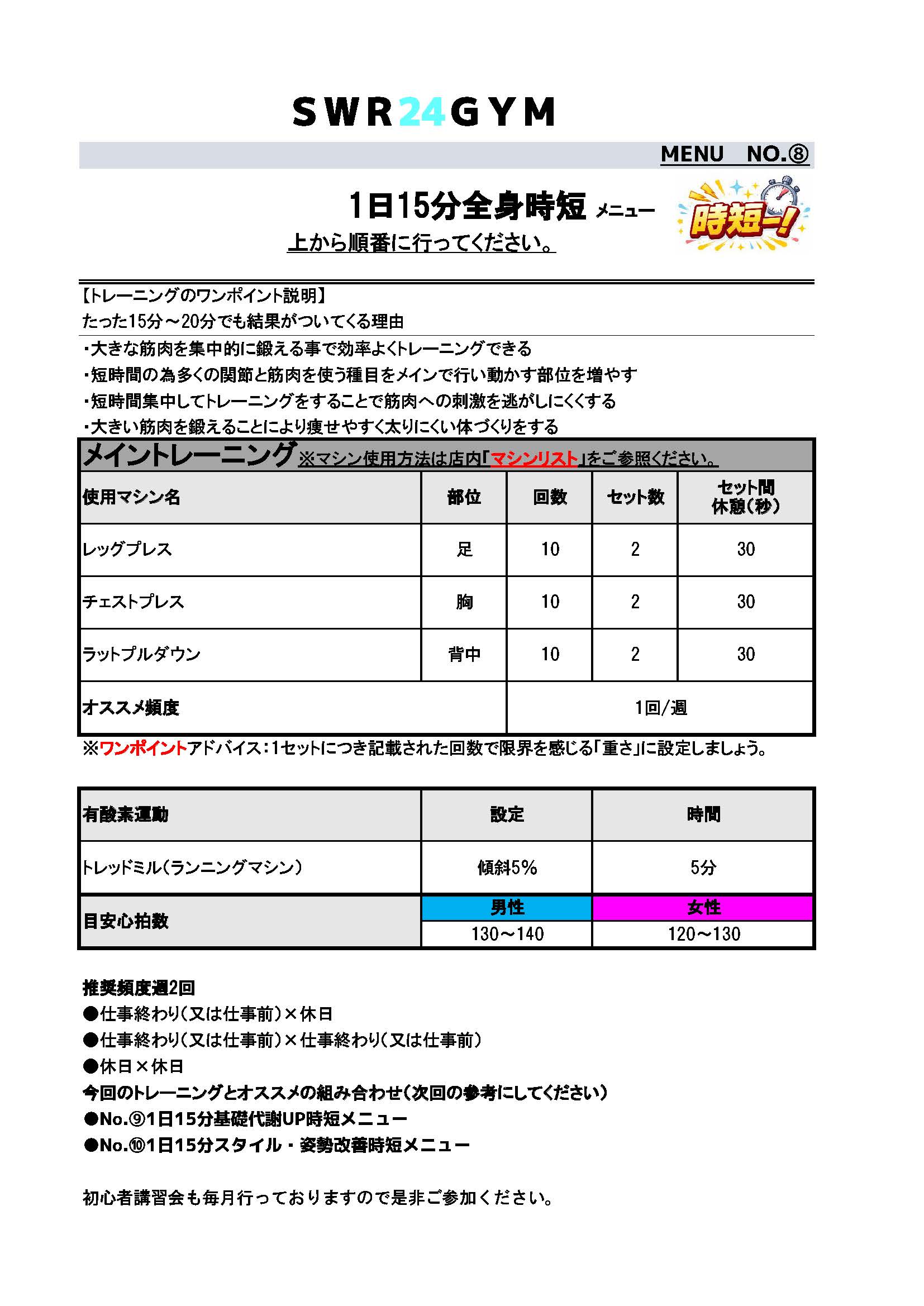■SWR24GYM時短トレーニングメニュー（15分全身）