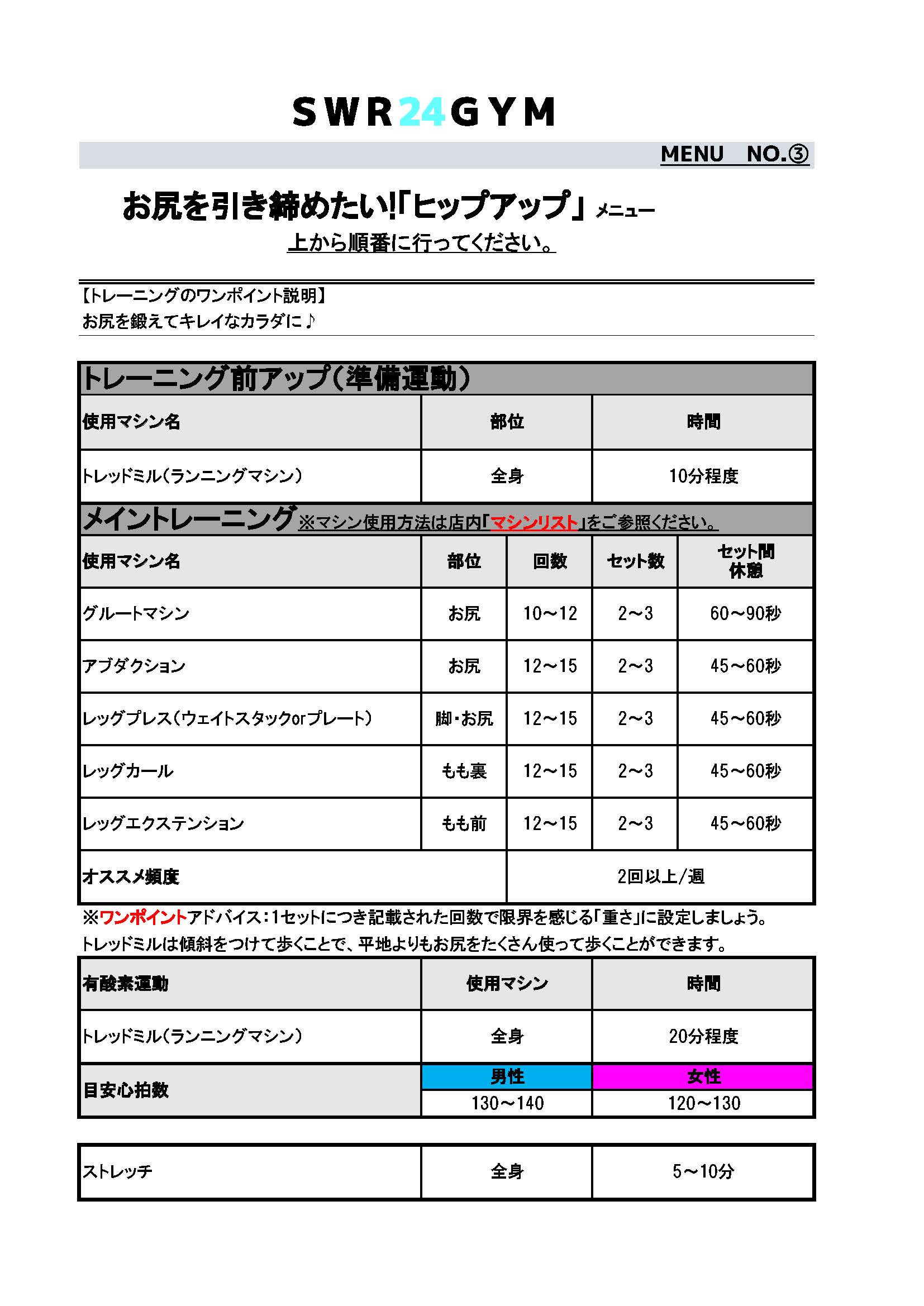 SWR24GYM初心者向けトレーニングメニュー（ヒップアップ）